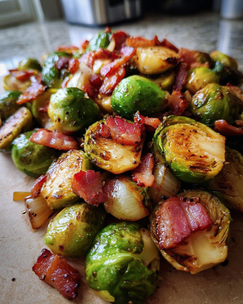 A close-up, mouthwatering shot of roasted Brussels sprouts with crispy bacon pieces.