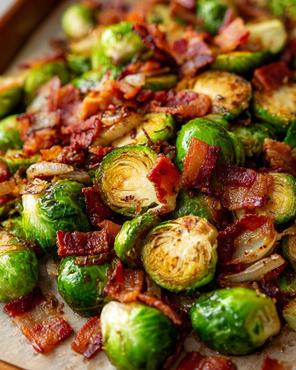 Close-up of roasted Brussels sprouts with crispy bacon pieces and caramelized onions.