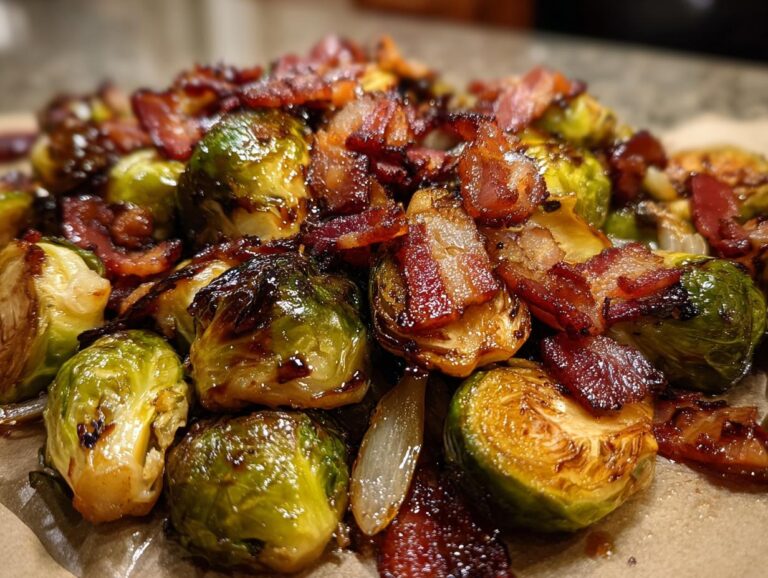 Close-up of roasted Brussels sprouts with crispy bacon pieces and caramelized onions.