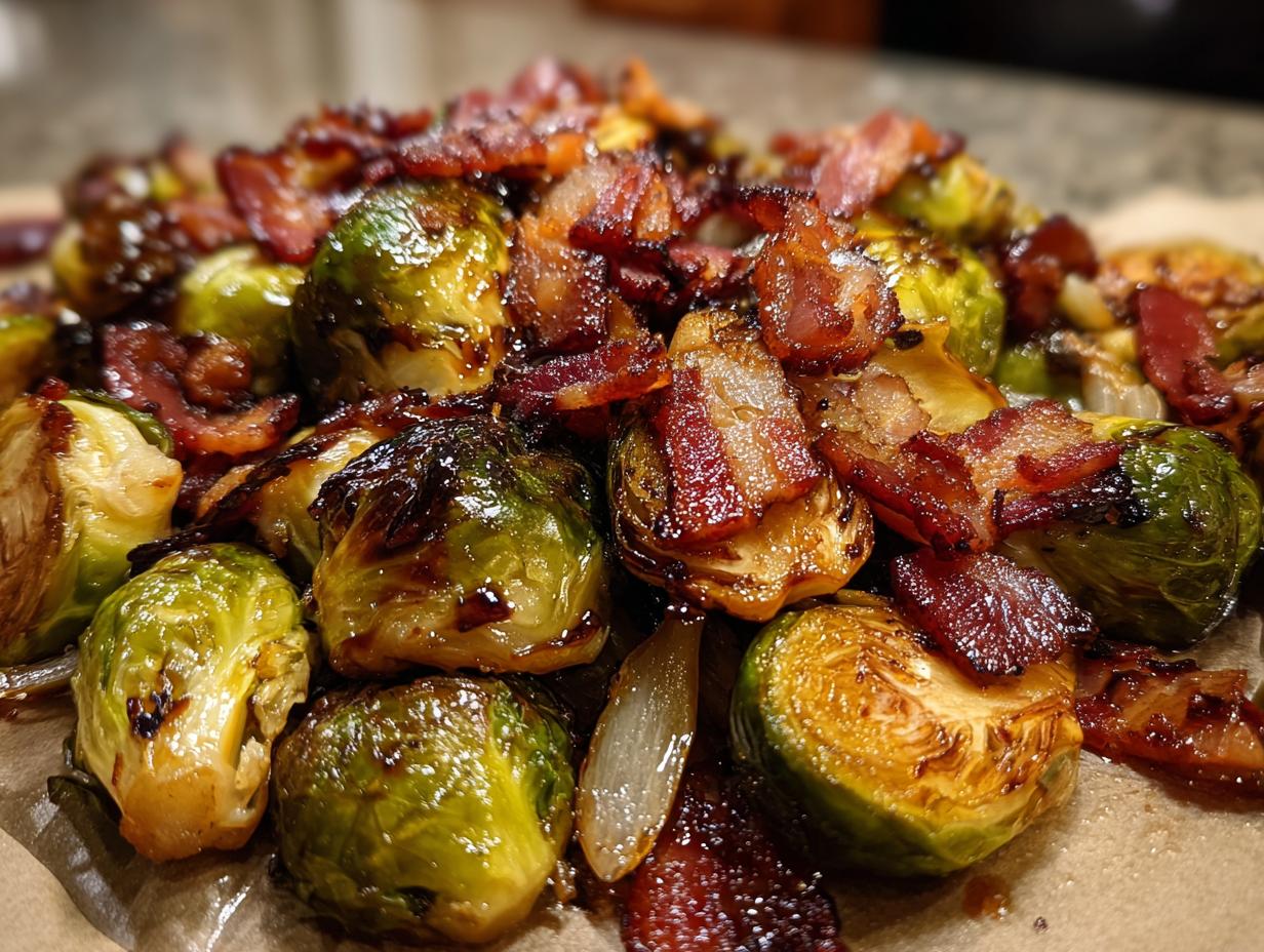 Close-up of roasted Brussels sprouts with crispy bacon pieces and caramelized onions.