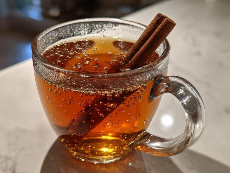 Close-up of bubbly, amber-colored spiced apple cider in a clear glass mug garnished with two cinnamon sticks.