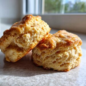 Close-up of two golden brown, buttery scones with flaky layers, bathed in natural light.