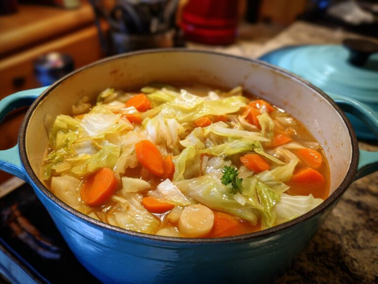 A close-up of a blue Dutch oven filled with steaming cabbage soup, featuring chunks of cabbage, carrots, and potatoes.