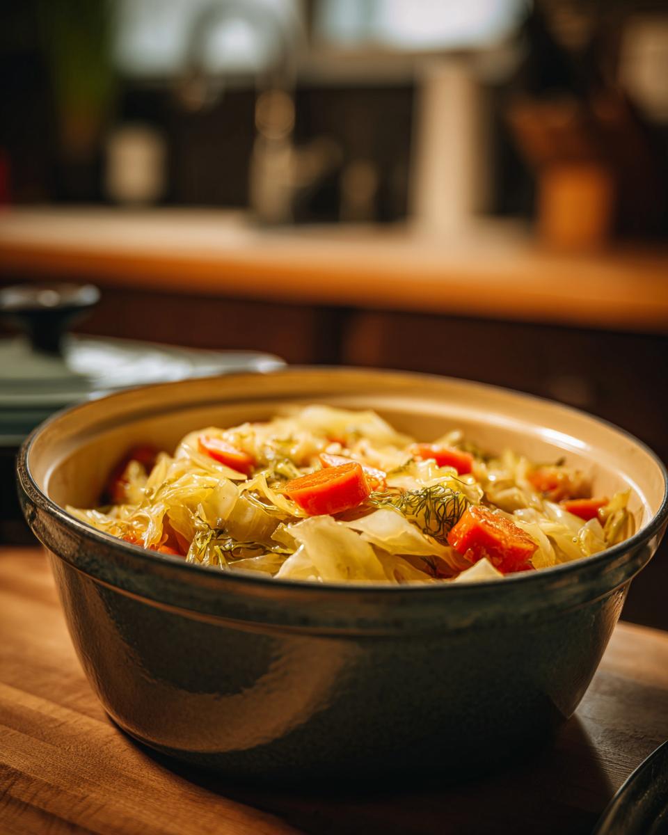 A close-up of a pot filled with delicious and healthy cabbage soup, featuring tender cabbage and bright carrots.
