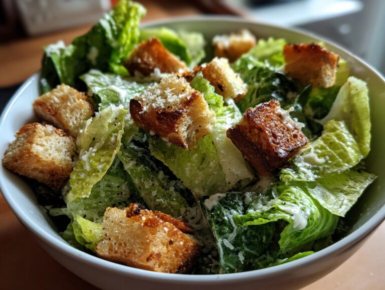A close-up of a bowl of fresh Caesar salad, featuring crisp romaine lettuce, golden croutons, and shaved Parmesan cheese.