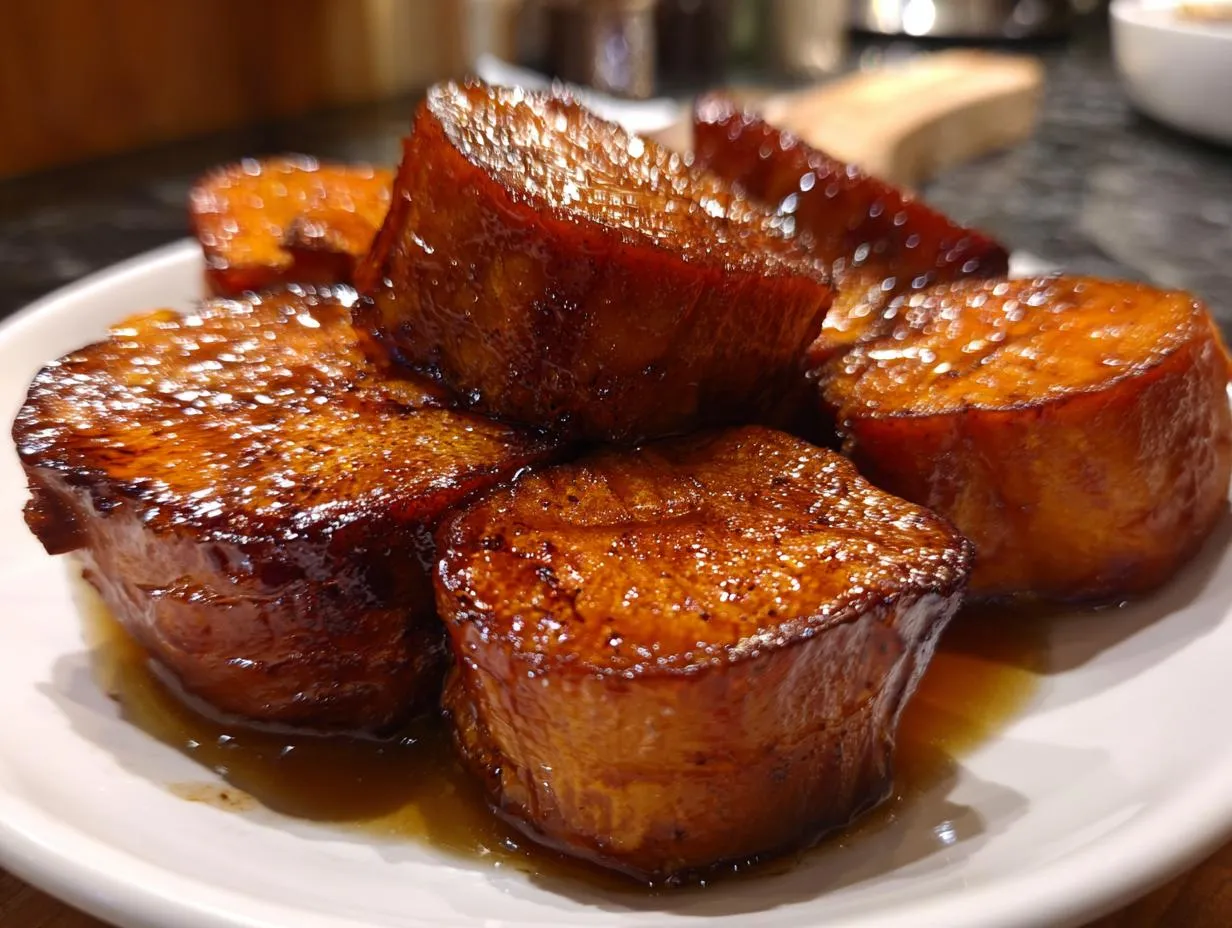 Close-up of glistening, caramelized candied yams stacked on a white plate, ready to serve.