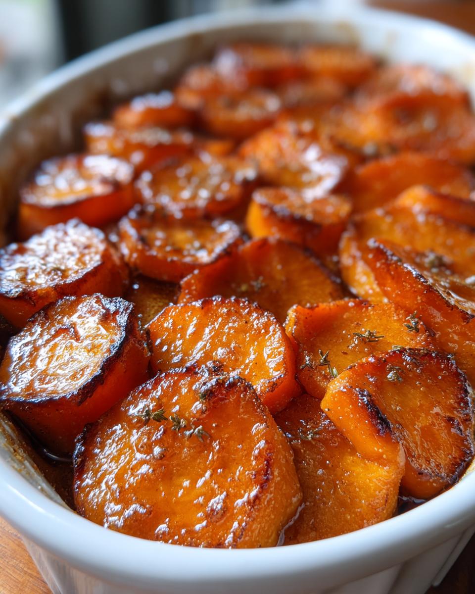 Close-up of a white baking dish filled with glistening, caramelized candied yams, garnished with fresh herbs.