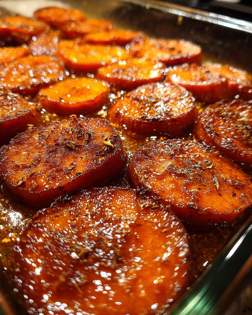 Close-up of glistening candied yams in a baking dish, coated in a rich, syrupy glaze with visible spices.