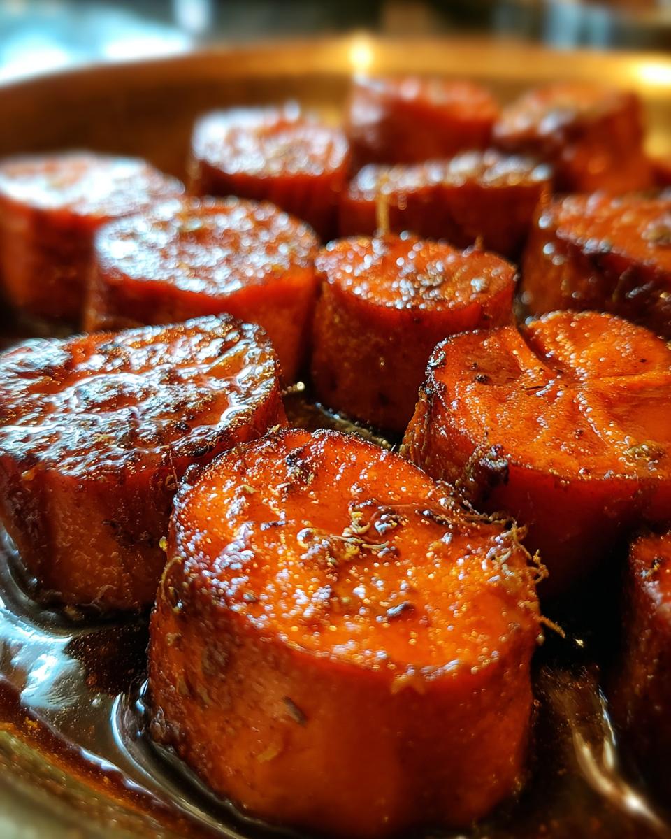 Close-up of glistening candied yams, baked to perfection in a rich syrup.