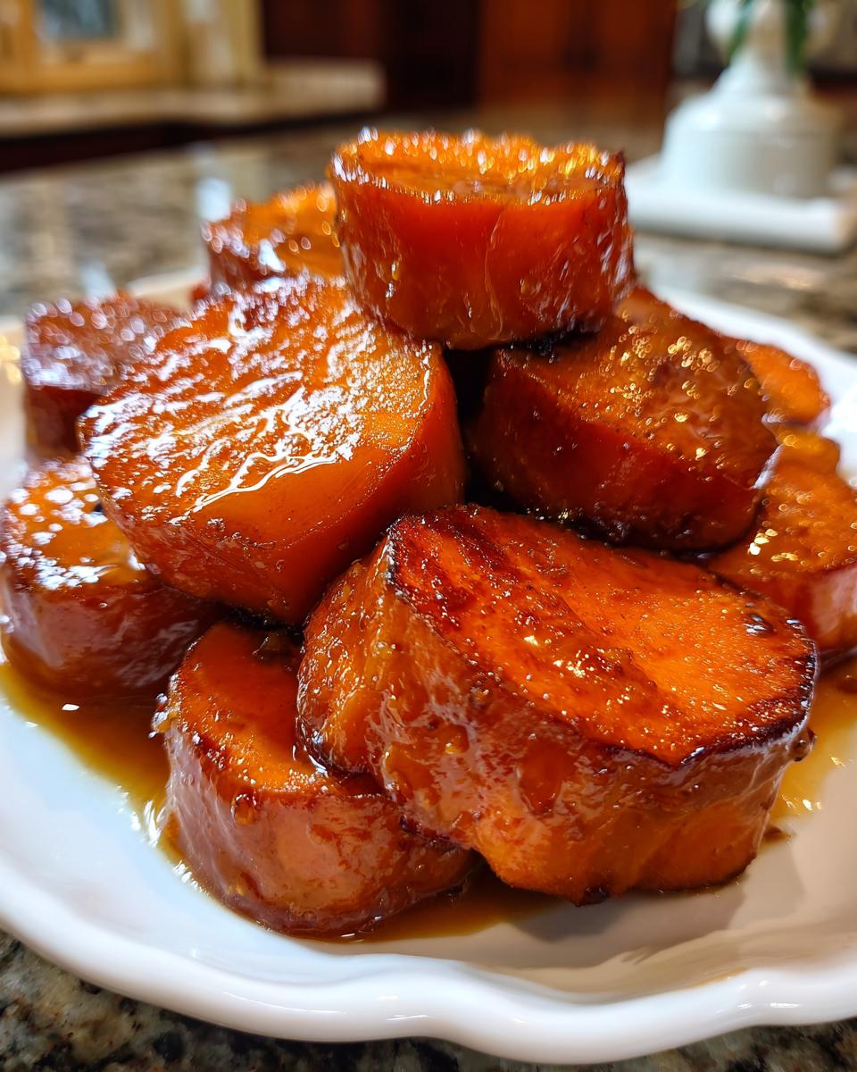 A close-up shot of a pile of glistening candied yams on a white plate, coated in a rich syrup.
