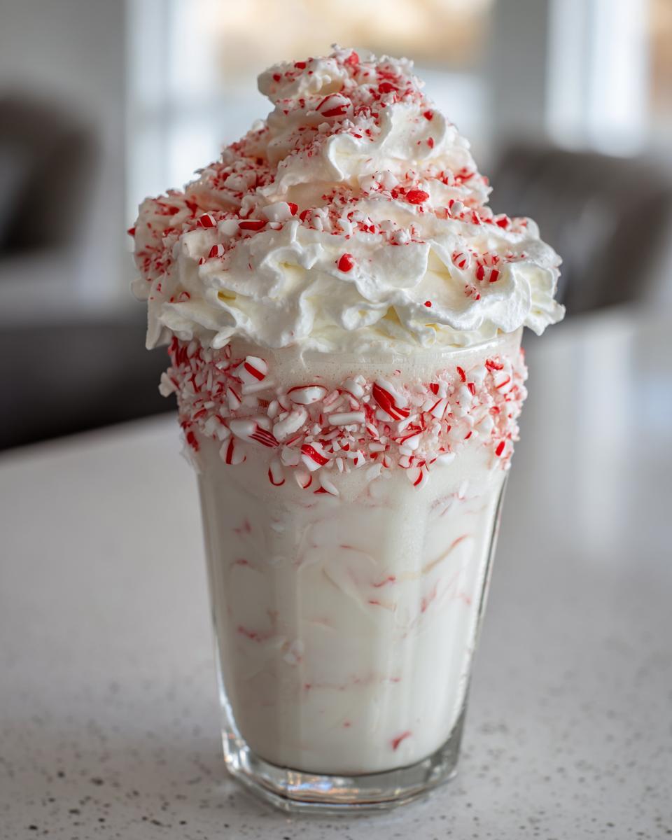 A tall glass filled with a white Candy Cane Milkshake, topped with whipped cream and crushed candy canes.