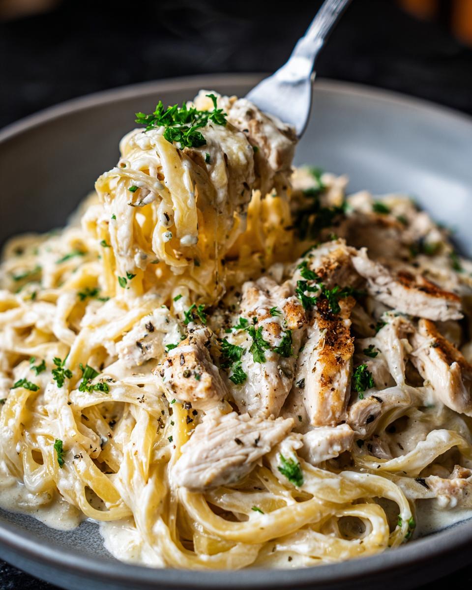 A fork lifting a swirl of fettuccine pasta coated in creamy sauce with sliced chicken and parsley, part of a Chicken Alfredo dish.