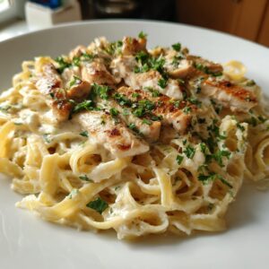 A close-up of creamy Chicken Alfredo pasta, topped with sliced grilled chicken and fresh parsley.