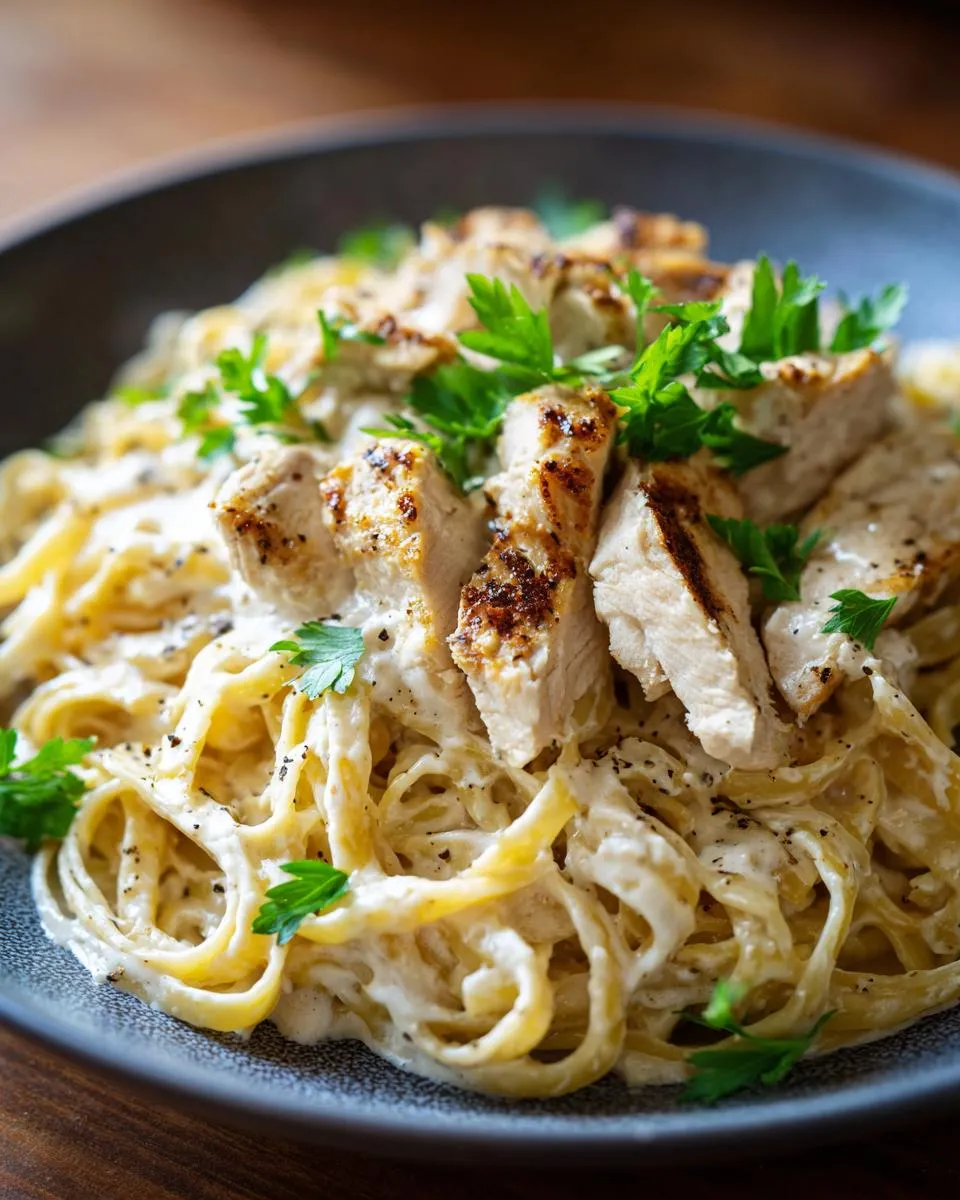 A close-up of creamy Chicken Alfredo pasta with grilled chicken pieces and fresh parsley garnish.