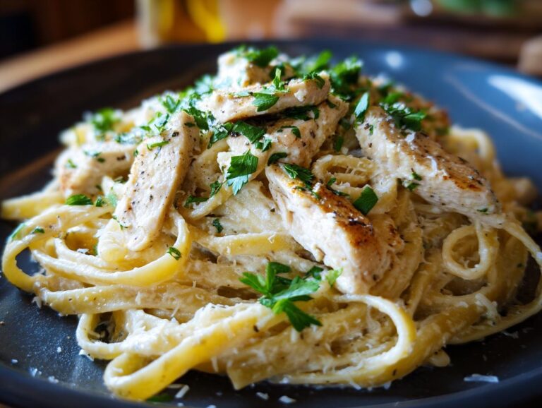 Close-up of creamy Chicken Alfredo pasta with fettuccine noodles, grilled chicken strips, and fresh parsley.