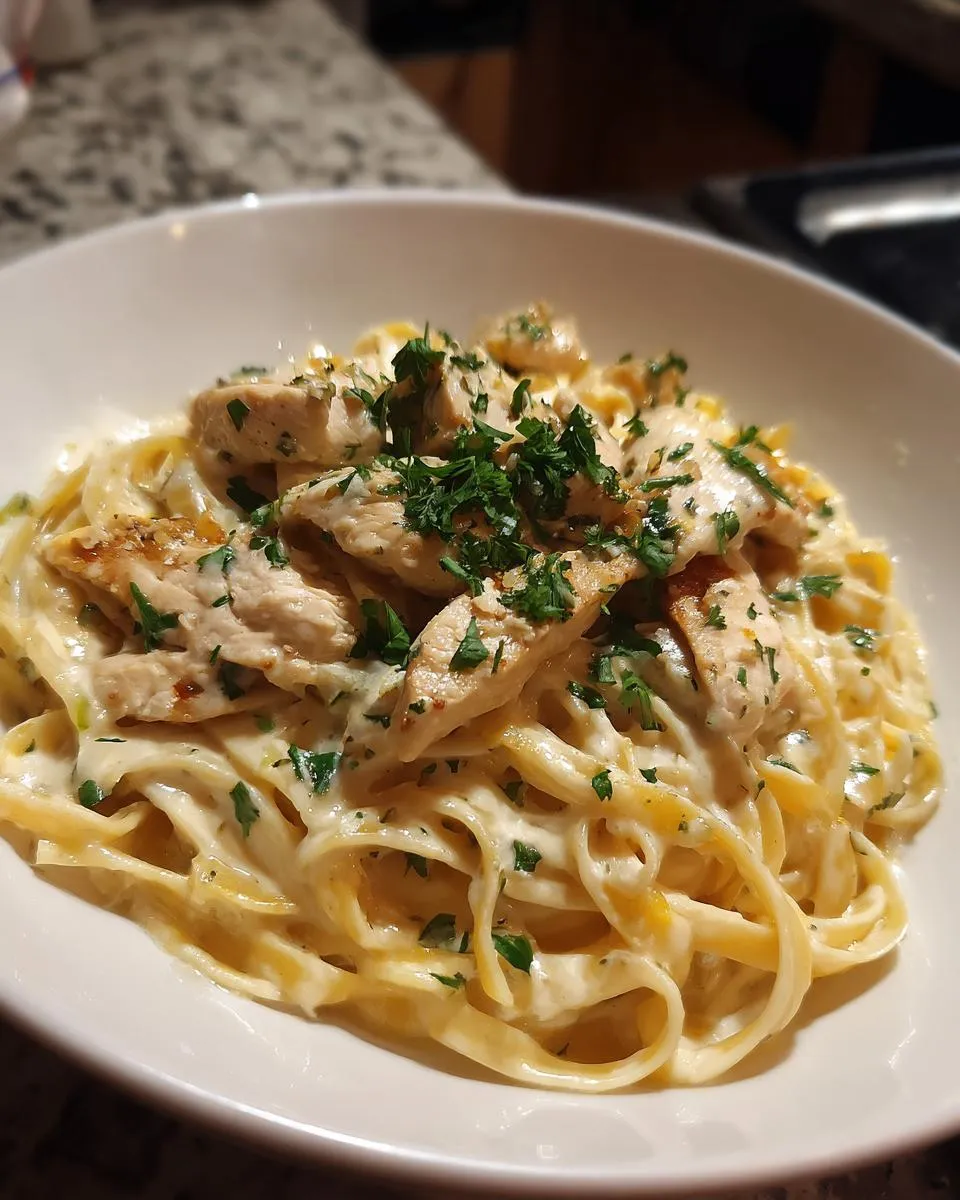 A close-up of a white bowl filled with fettuccine pasta, coated in creamy Alfredo sauce, topped with sliced grilled chicken and fresh parsley.