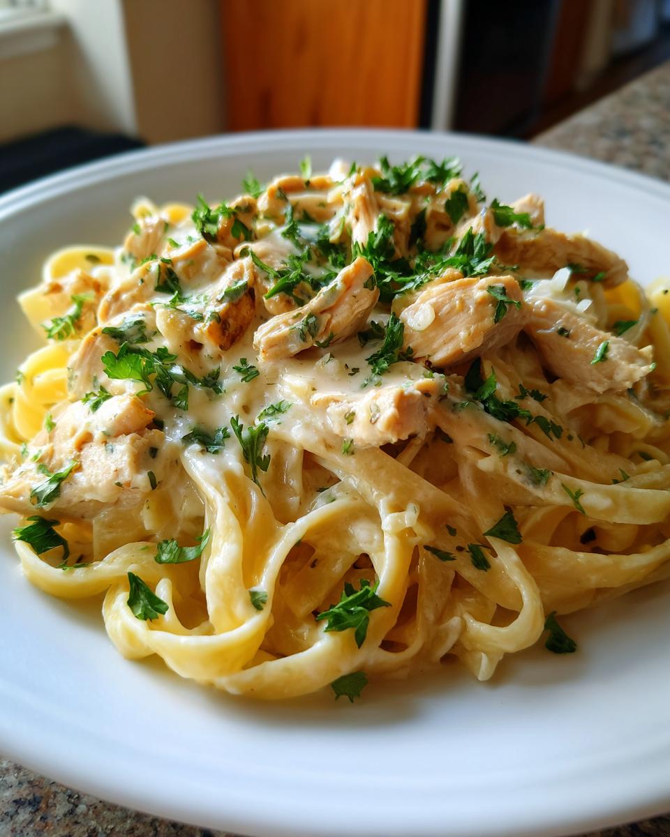 A close-up of creamy Chicken Alfredo pasta, featuring fettuccine noodles, tender chicken pieces, and fresh parsley.