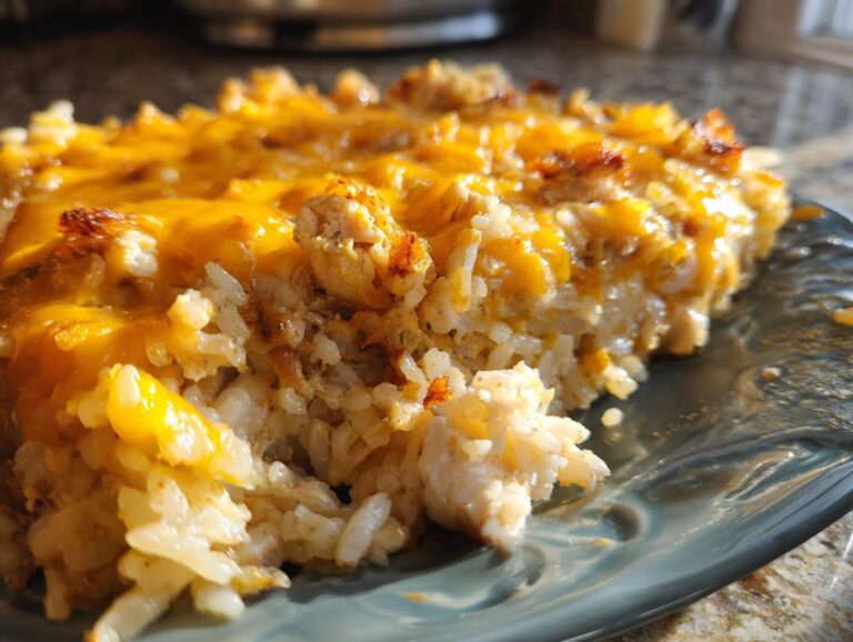 A close-up of a slice of cheesy chicken and rice casserole, showing tender chicken pieces and fluffy rice topped with melted cheddar cheese.