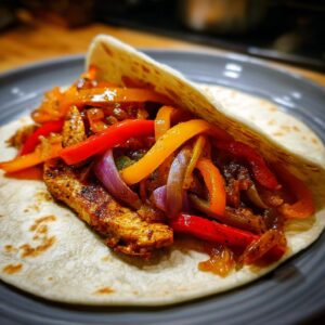 A close-up of a chicken fajita filled with seasoned chicken strips, colorful bell peppers, and red onions, served on a tortilla.