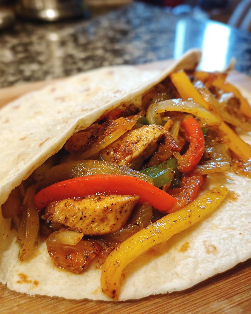 Close-up of delicious chicken fajitas filling with colorful bell peppers and onions in a tortilla.
