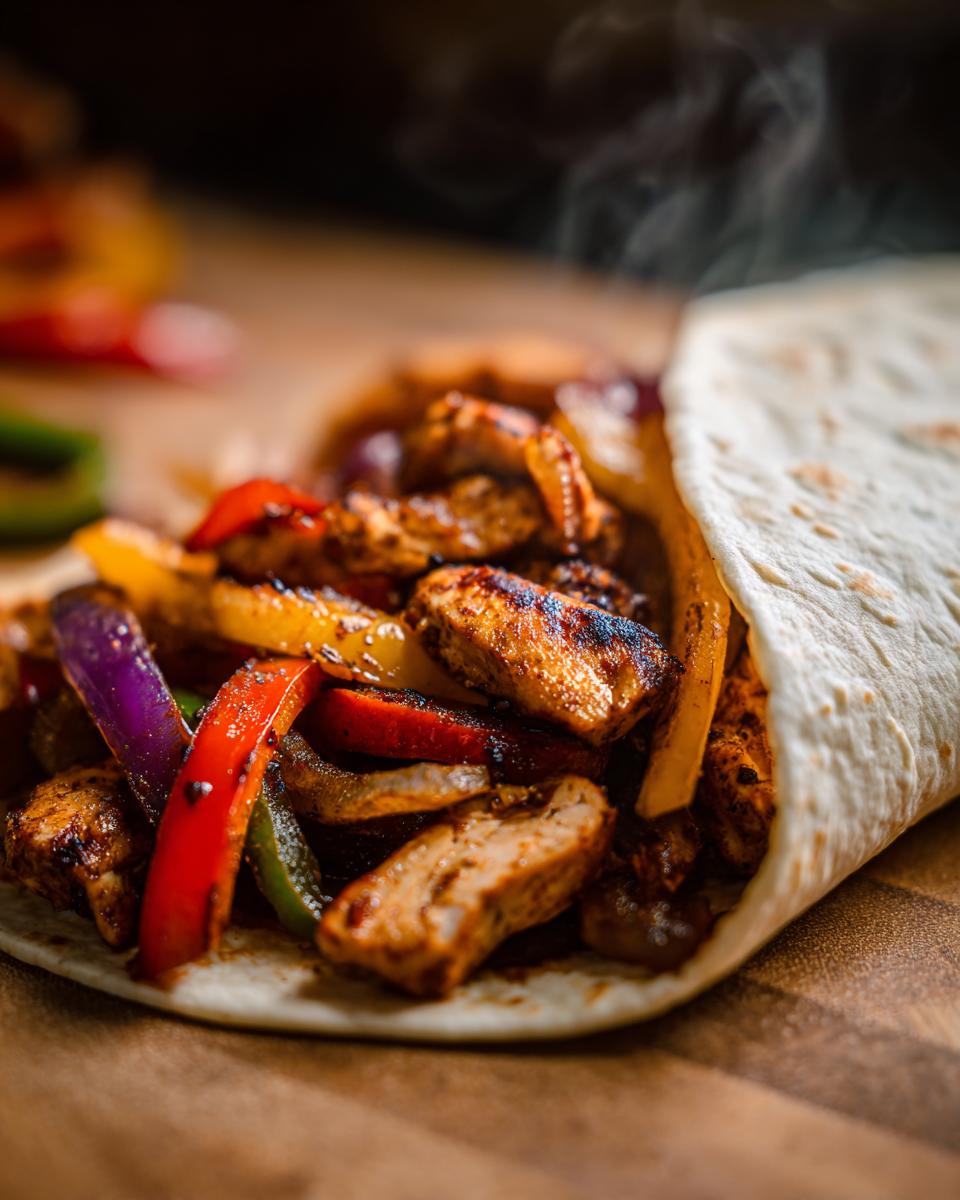 A close-up of steaming chicken fajitas filled with grilled chicken strips, red, yellow, and green bell peppers, and onions, wrapped in a tortilla.