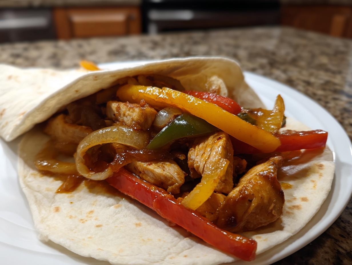 A close-up of a soft tortilla filled with seasoned chicken, bell peppers, and onions for chicken fajitas.