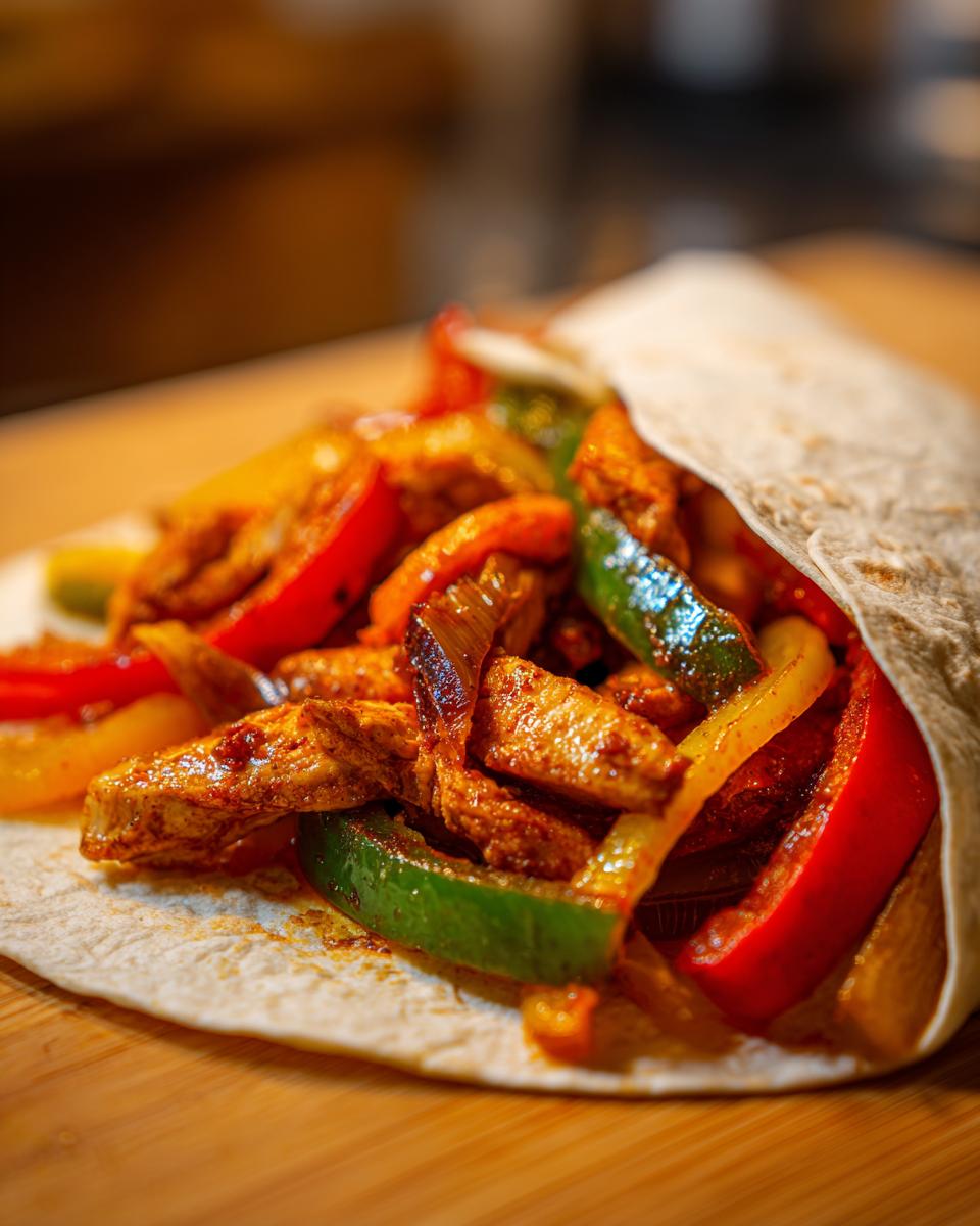 Close-up of a warm tortilla filled with seasoned chicken strips and colorful bell peppers, ready to be enjoyed as chicken fajitas.
