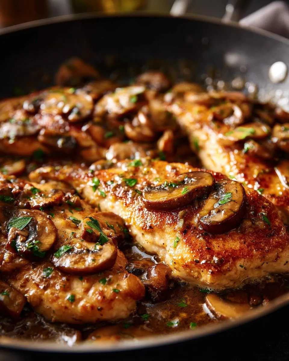 Close-up of pan-fried Chicken Marsala with sliced mushrooms and a rich sauce, garnished with parsley.