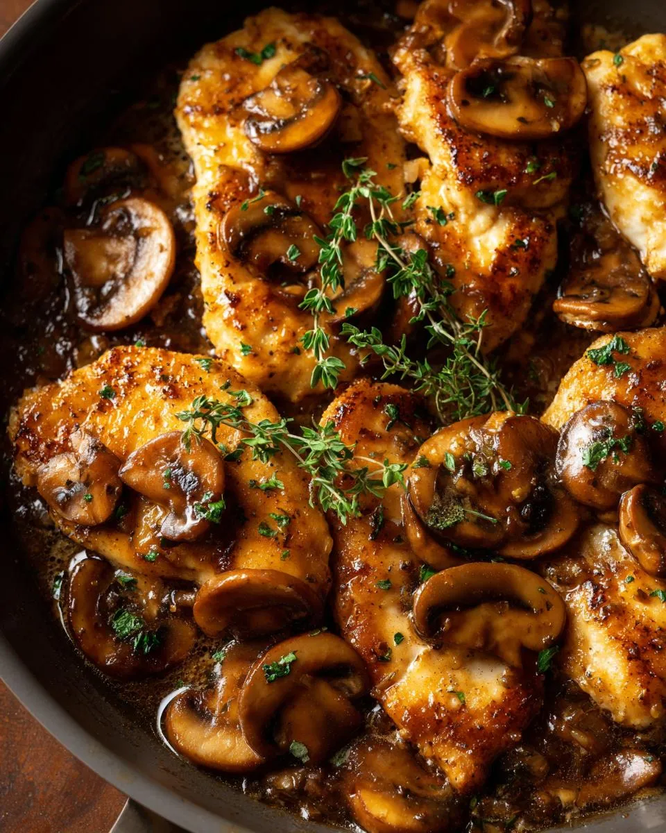 Close-up of pan-fried Chicken Marsala with sliced mushrooms and fresh thyme in a rich sauce.