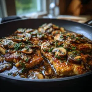 Close-up of pan-fried Chicken Marsala topped with sliced mushrooms and fresh parsley in a rich sauce.
