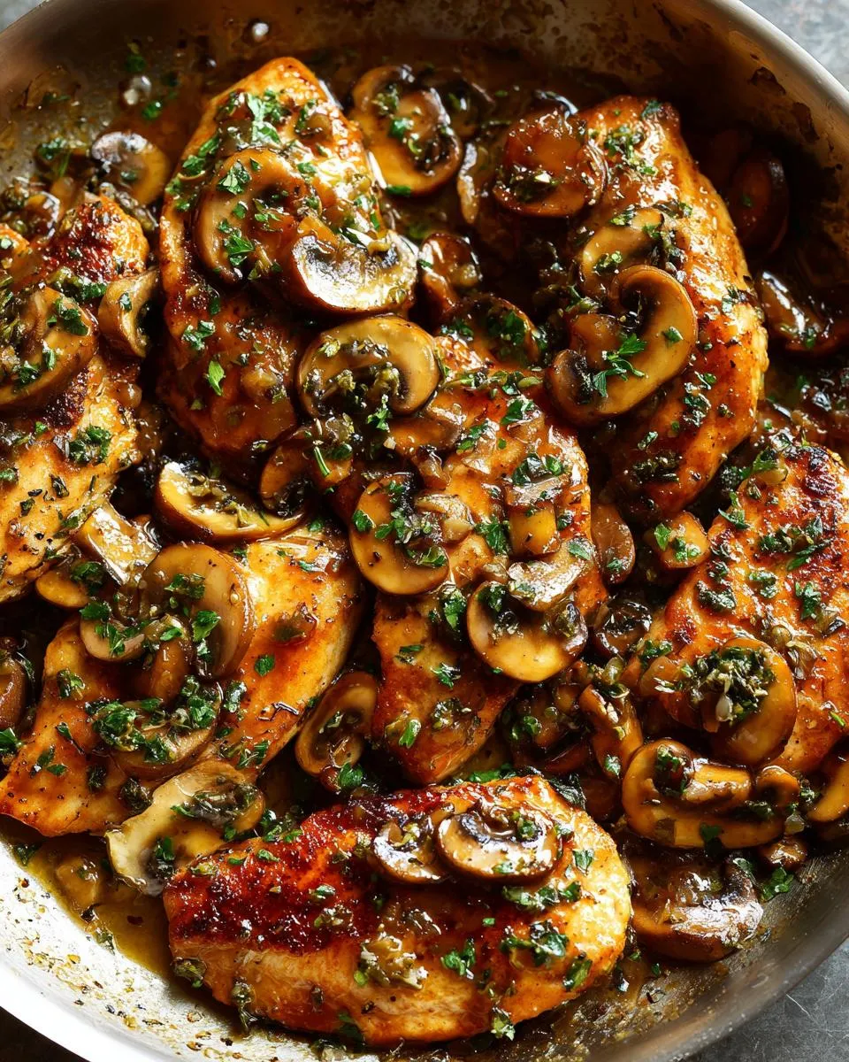 Close-up of pan-fried Chicken Marsala with sautéed mushrooms and herbs in a rich sauce.