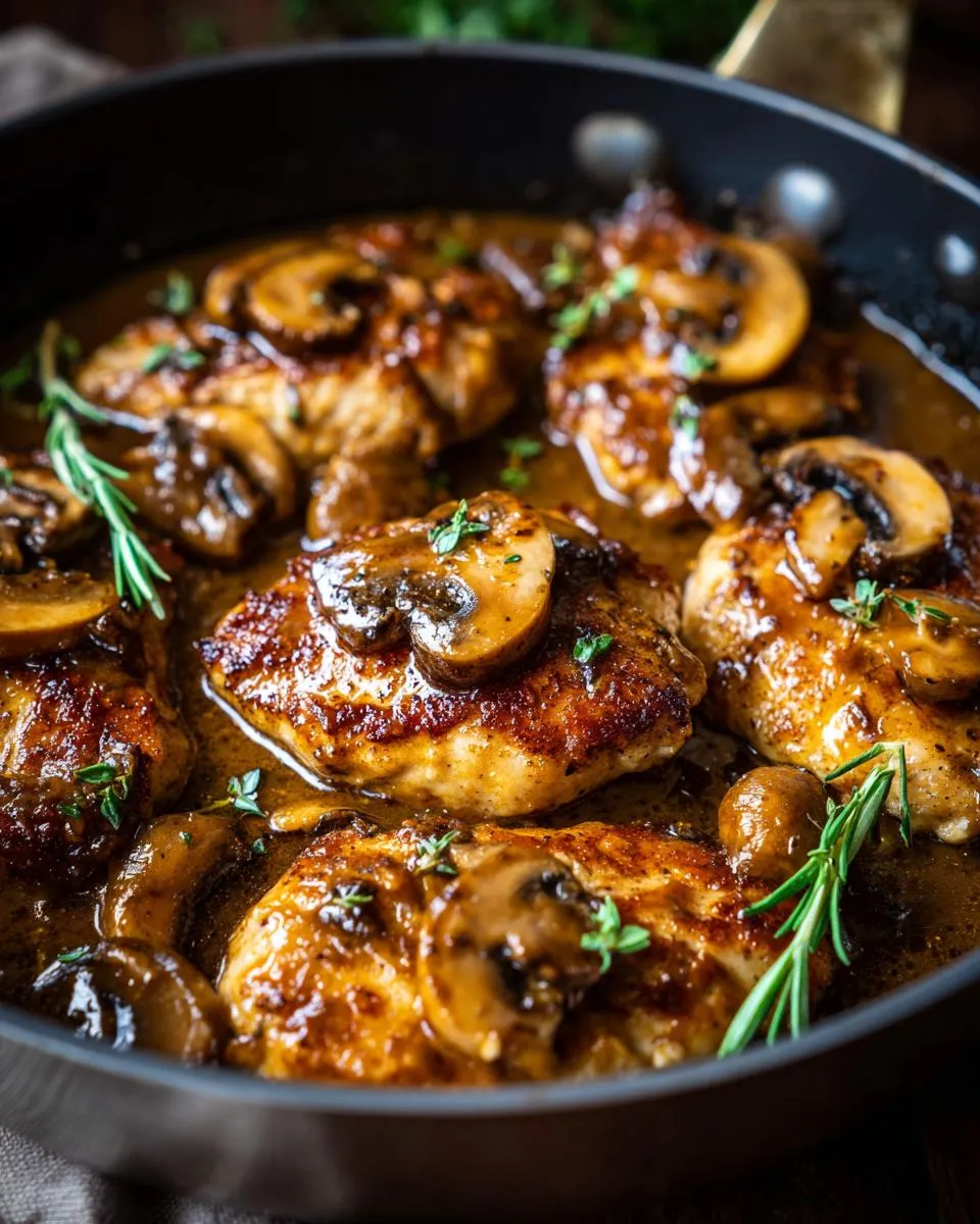 Close-up of pan-fried Chicken Marsala with sliced mushrooms in a rich, glossy sauce, garnished with rosemary.