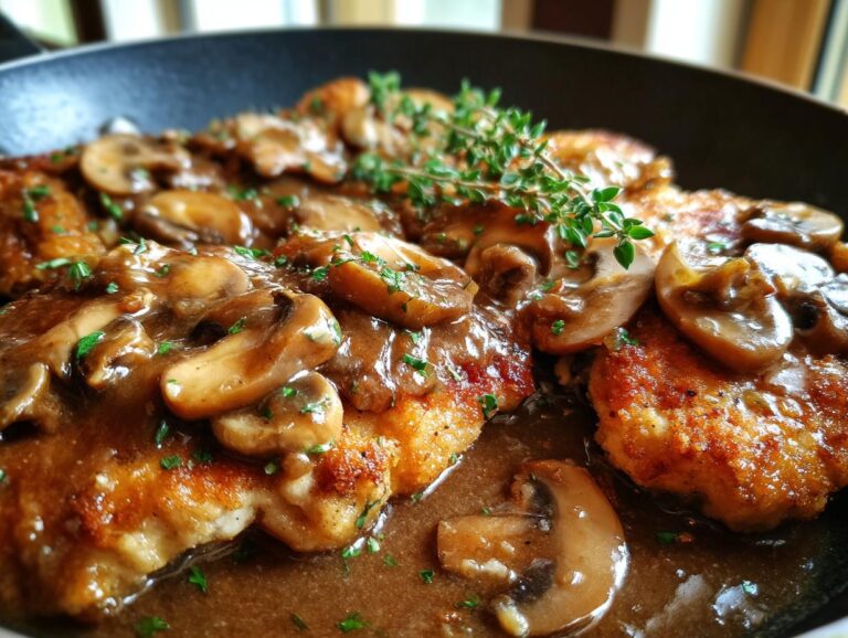Close-up of pan-fried Chicken Marsala topped with sliced mushrooms and a rich Marsala wine sauce, garnished with fresh thyme and parsley.