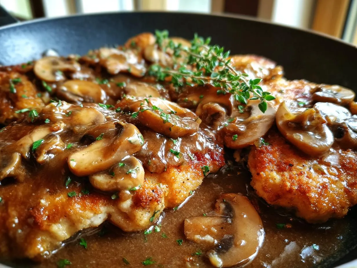 Close-up of pan-fried Chicken Marsala topped with sliced mushrooms and a rich Marsala wine sauce, garnished with fresh thyme and parsley.