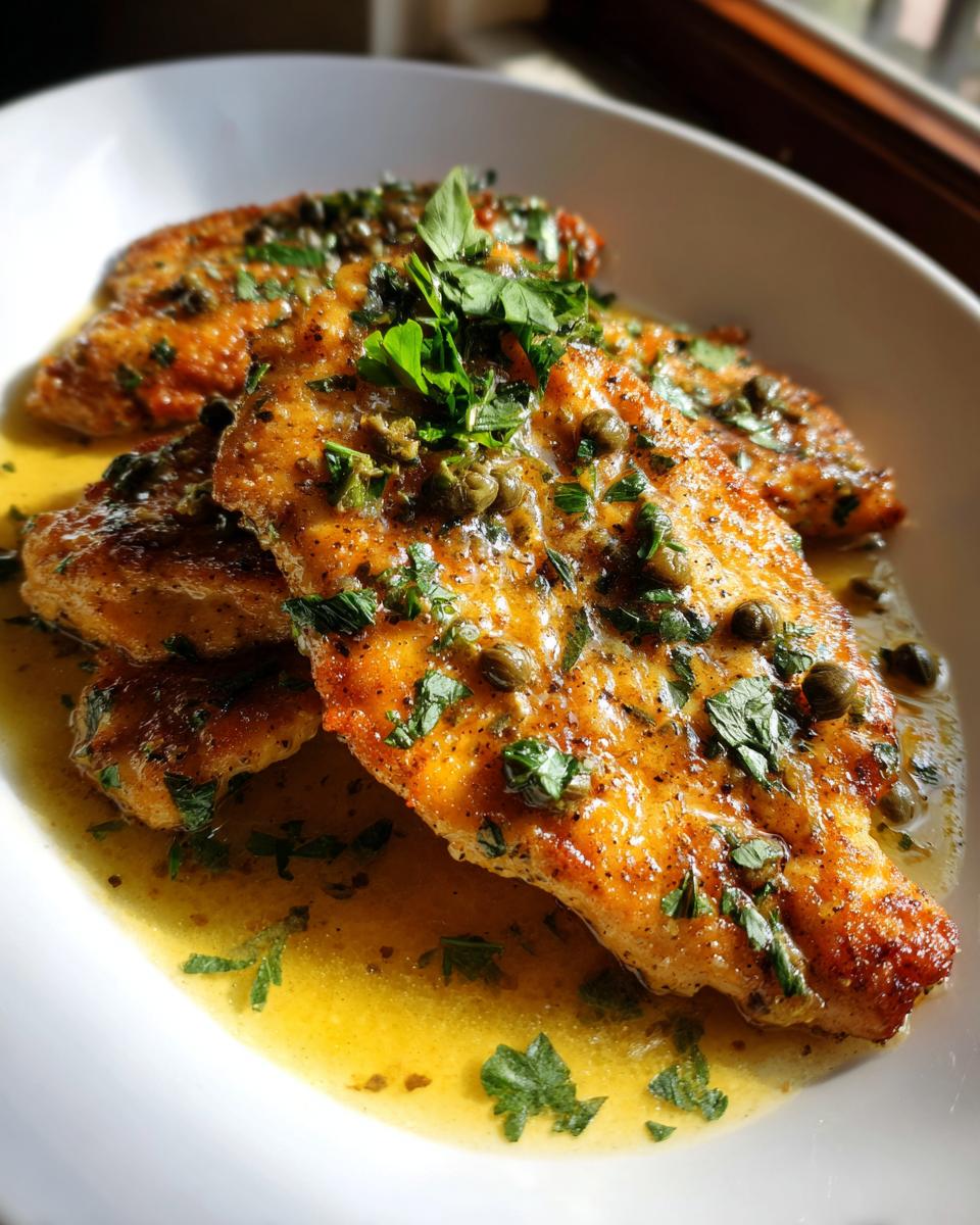 Close-up of golden pan-fried chicken piccata fillets in a bright lemon-caper sauce, garnished with fresh parsley.