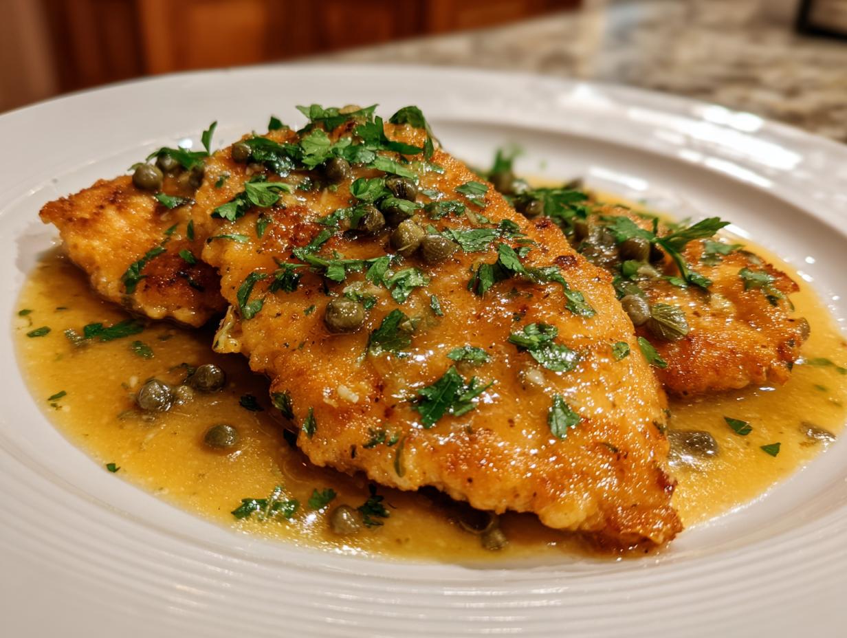 Close-up of golden-brown Chicken Piccata served with a bright lemon-caper sauce and fresh parsley.