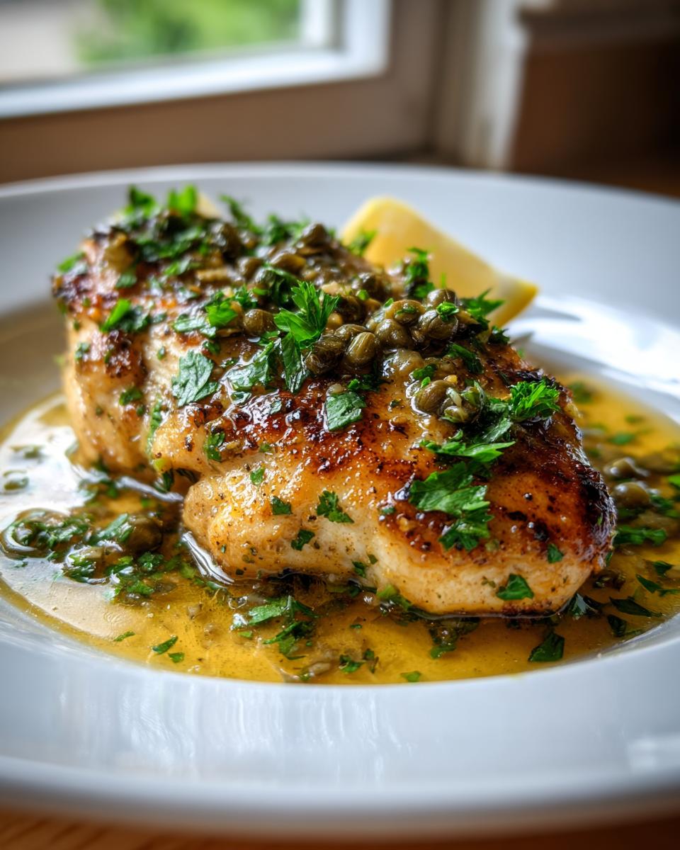 A close-up of a perfectly cooked Chicken Piccata, topped with capers and parsley, served with a lemon wedge and sauce.