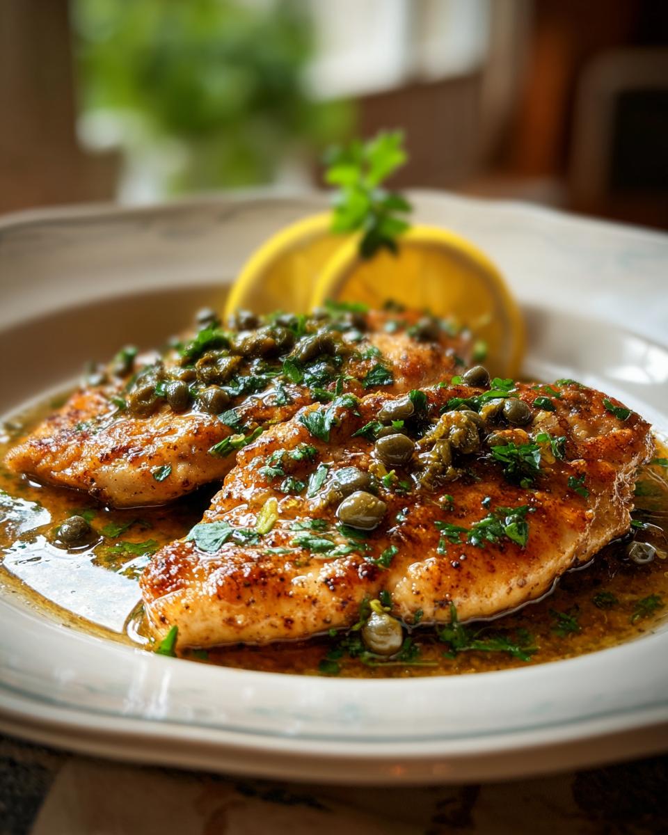 Close-up of two golden-brown chicken piccata fillets in a lemon-caper sauce, garnished with parsley and lemon slices.
