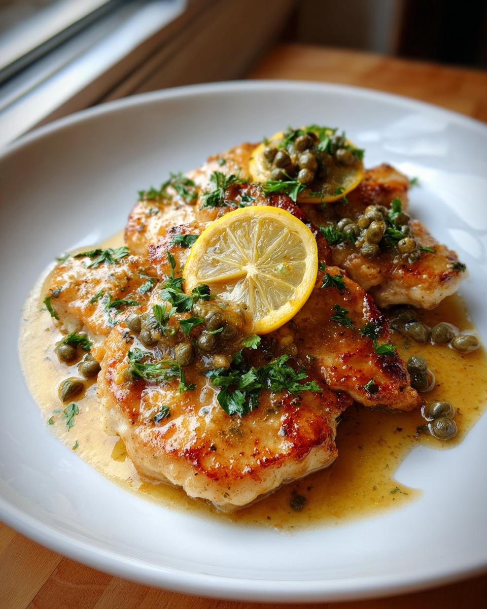 A close-up of tender Chicken Piccata served with a lemon-butter sauce, capers, and fresh parsley.