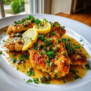 A plate of golden-brown Chicken Piccata topped with lemon slices, capers, and fresh parsley in a buttery sauce.
