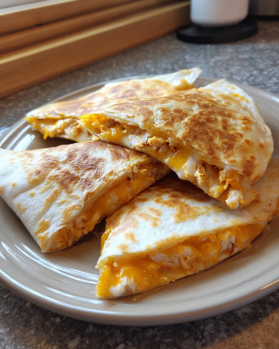 Close-up of golden brown chicken quesadilla slices filled with melted cheese and shredded chicken.