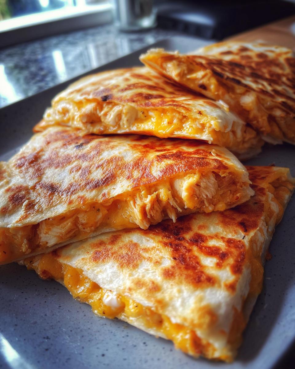 Close-up of golden brown chicken quesadilla slices, filled with shredded chicken and melted cheese.