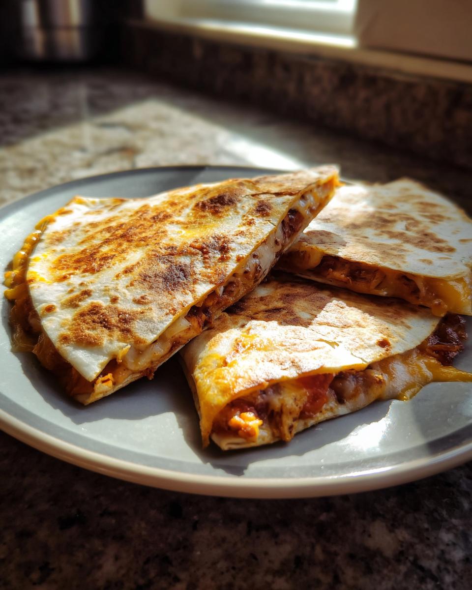 Close-up of golden brown chicken quesadilla slices on a plate, with melted cheese oozing out.