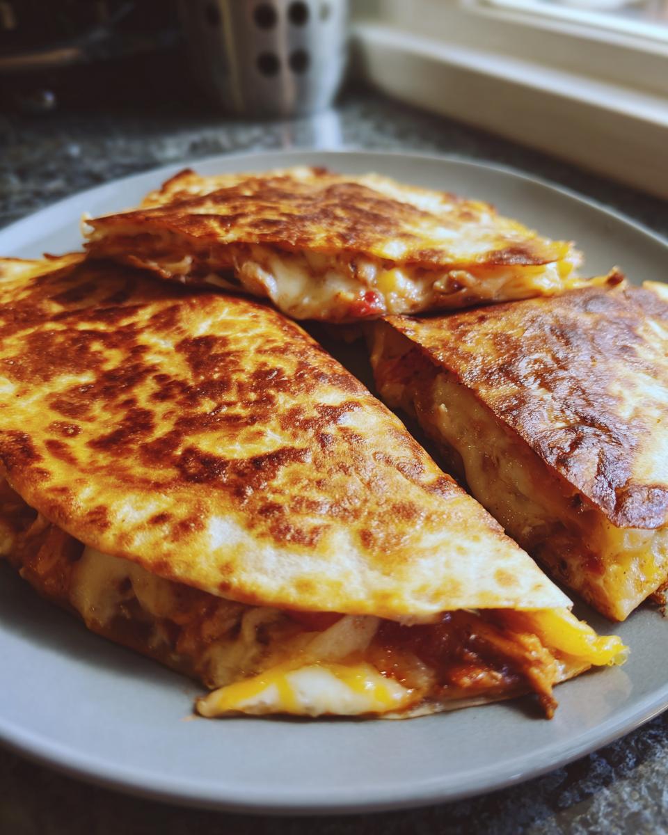 Three golden-brown slices of chicken quesadilla, filled with melted cheese and chicken, served on a gray plate.