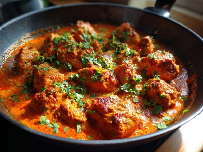 A close-up shot of flavorful Chicken Tikka Masala simmering in a pan, garnished with fresh cilantro.