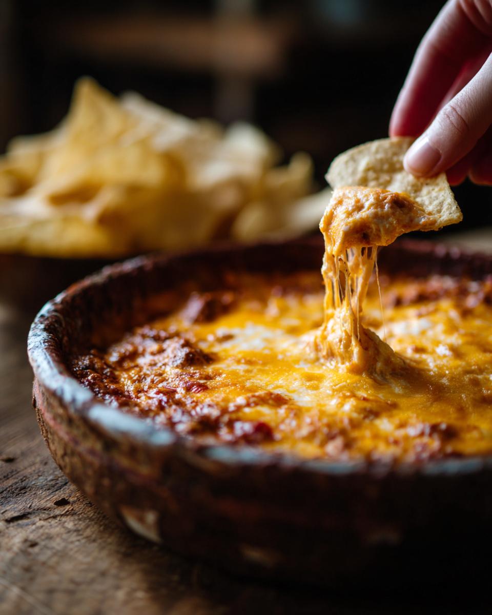 A person dipping a tortilla chip into a bubbling hot chili cheese dip, with melted cheese stretching.