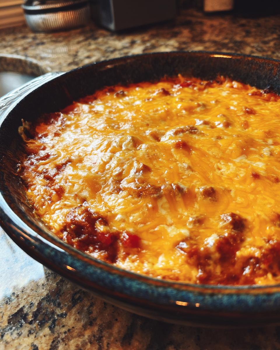 Close-up of a bubbling chili cheese dip in a dark blue dish, topped with melted cheddar cheese.