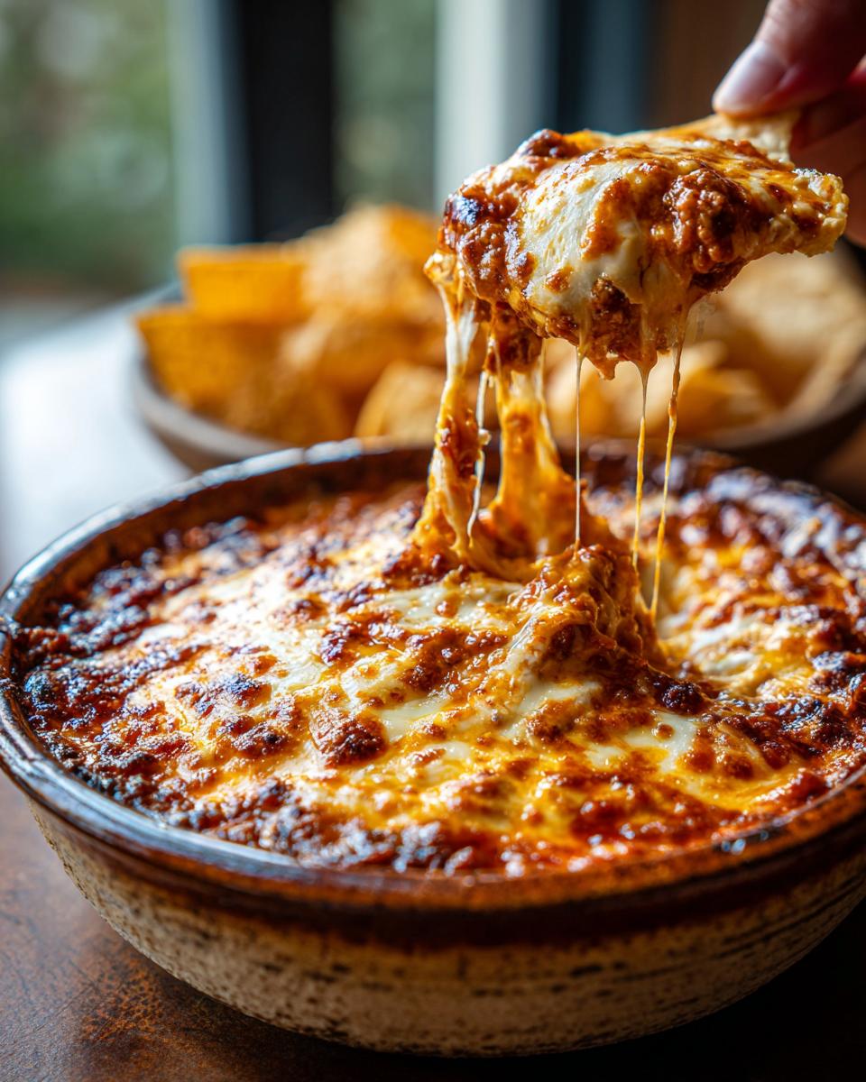 A scoop of warm chili cheese dip being lifted from a bowl, with long strings of melted cheese stretching.