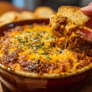 A piece of toasted bread scooping up gooey, cheesy chili cheese dip, topped with fresh parsley.