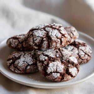 A pile of rich, dark chocolate crinkle cookies generously dusted with powdered sugar.